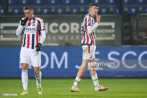 TILBURG, NETHERLANDS - DECEMBER 10: Nikolaos Michelis of Willem II and Argyris Kampetsis of Willem II during the Dutch Eredivisie match between Willem II and SC Cambuur at Koning Willem II Stadion on December 10, 2021 in Tilburg, Netherlands. (Photo by Geert van Erven/BSR Agency/Getty Images)